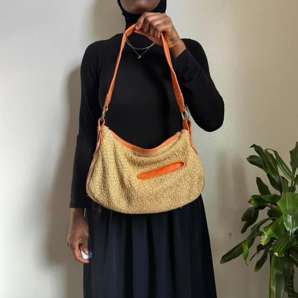 Vintage Y2K Stone‎ Mountain Straw & Leather Hobo Bag